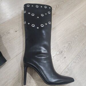 Black Knee-High Faux Leather Boots With Rhinestone Embellishments & Stiletto Hee